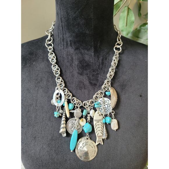 Chico's Women's Silver Tone Charm Necklace With Toggle Lock Fish Shell Beads - Picture 1 of 7